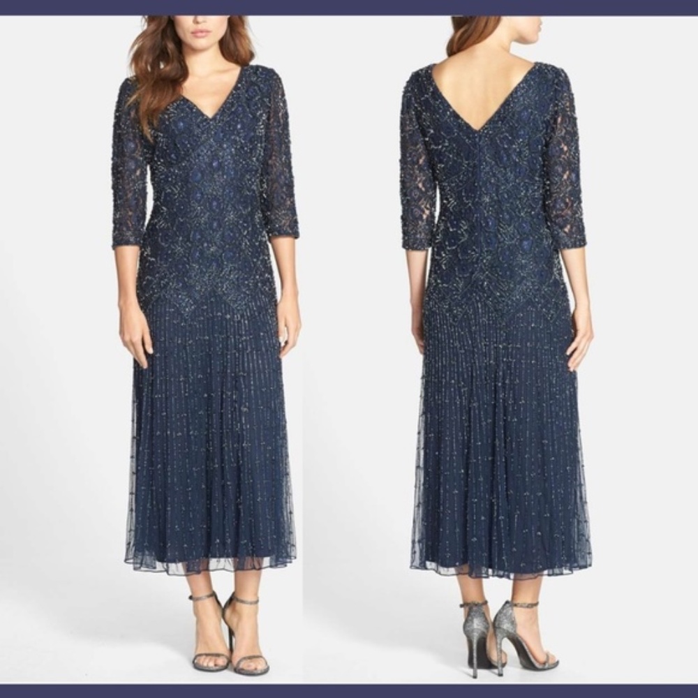 NEW Pisarro Nights Lace Beaded Mesh Dress Gown In Twilight Blue [SZ 8 ]‎
